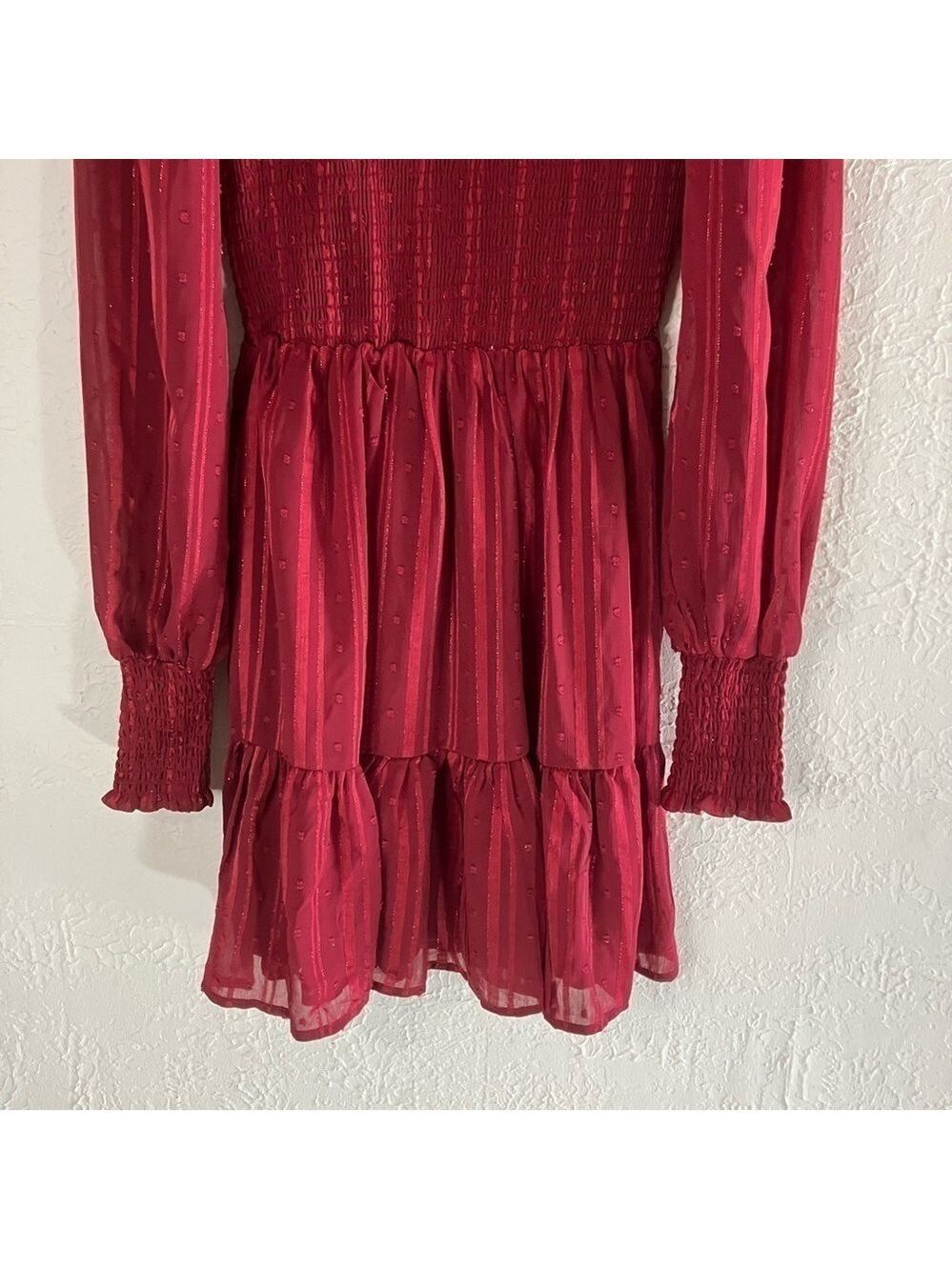 Lulu’s Cheerful Charmer Wine Red Lurex Long Sleeve Mini Dress - Picture 6 of 13